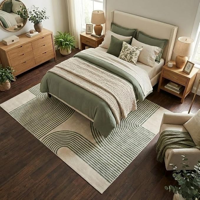 6x9 Green and Beige Modern Geometric Arch Stripe Area Rug | Machine washable, non-slip, low-pile faux cashmere rug for living room, bedroom, dining room, and home office.