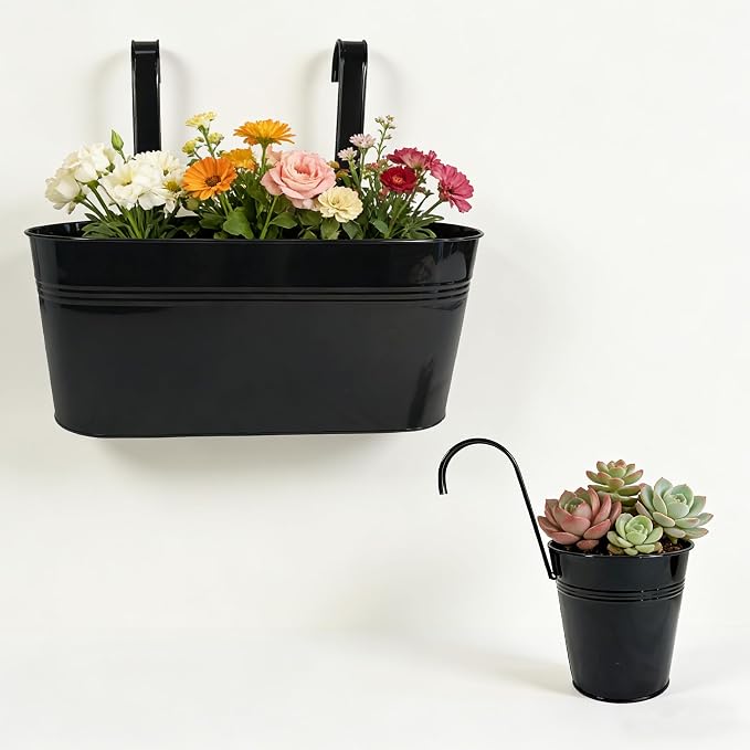 Set of 8 Outdoor Metal Railing Planters Box - 4 Pcs 5.12" Round Balcony Hanging Planter & 4 Pcs 17" Oval Fence Pot with Detachable Hooks Drainage, Black