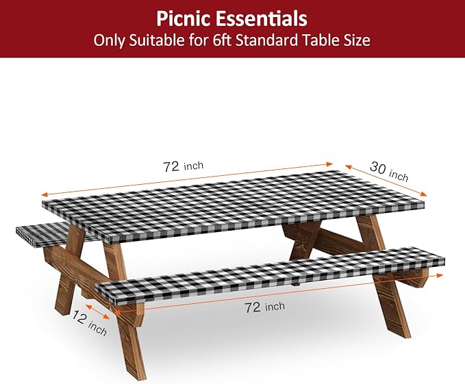 6ft Picnic Table and Bench Cover, Camping Essentials RV Gear, 72in Waterproof Windproof Outdoor Elastic All Around Tablecloth, Fitted Rectangle Tables and Seats, Black-White Checkered