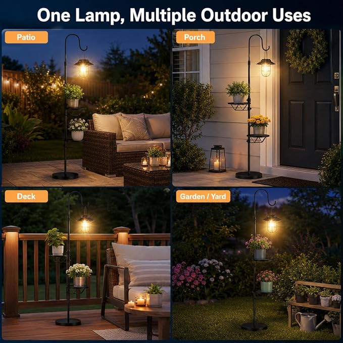 Candieslife 61" H Solar Lights Outdoor with Plant Stands - Metal Shepherd Hook Lantern, Waterproof Floor Lamp with Heavy Base for Patio Porch Deck Yard Garden Decor