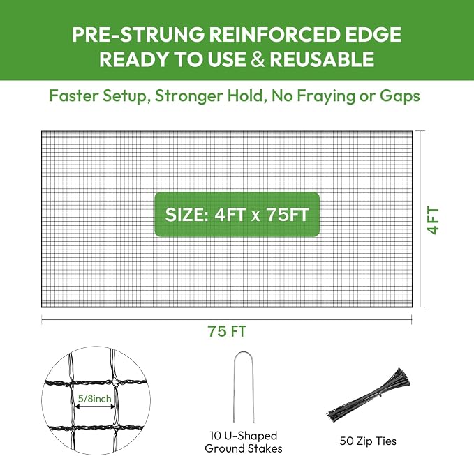 Deer Fence Netting 4ft x 75ft, Heavy Duty Plastic Mesh Deer Netting with Pre-Strung Reinforced Edge, Reusable Temporary Garden Fence, Animal Barrier for Yard, Poultry & Pets, Protect Plants & Crops