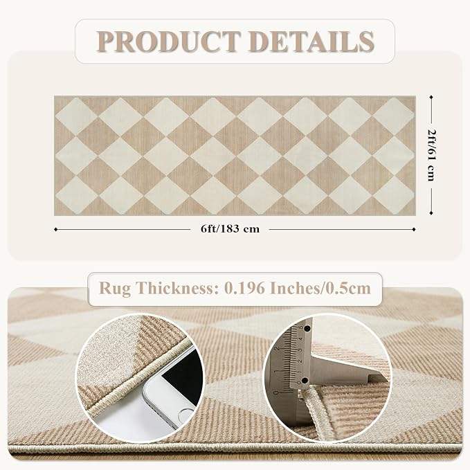 Beeiva Checkered Print Carpet Runners for Hallway 6ft, Beige Ultra Thin Washable Kitchen Runner Rug Non Slip, Moroccan Plaid Checkerboard Decor Faux Wool 2x6 Rug for Bedroom Bathroom Entryway