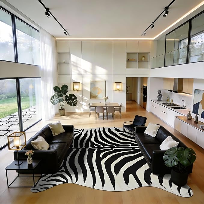BENRON Zebra Rug, Animal Print Rug for Living Room Bedroom 6.2x7ft | Western Faux Zebra Print Rug, Animal Skin Carpets, Non-Slip Throw Rug for Home Decor, Black and White, Ivory
