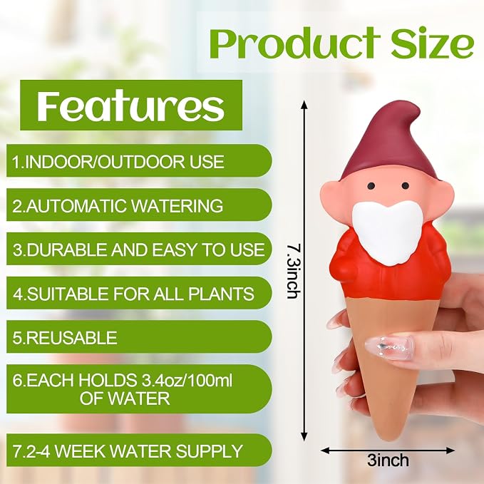 Teenyyou 7 Pack Gnome Terracotta Plant Watering Spikes - Easy Top Fill Self Waterer Insert - Cute Vacation Automatic Stakes for Indoor Outdoor Houseplants