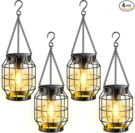 KOOPER Solar Lanterns Outdoor Waterproof, 4 Pack Upgraded Metal Hanging Solar Lights Outdoor Decorative, Brighter Outdoor Hanging Lantern for Yard Patio Pathway Porch Garden Decor, Gift for Women Mom