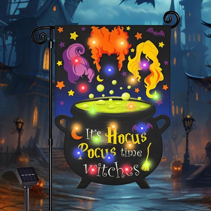 Halloween Lighted Garden Flag, Solar It's Hocus Pocus Witch Yard Flag for Outside, 8 Modes Double Sided Outdoor Halloween Decorations for Home Porch