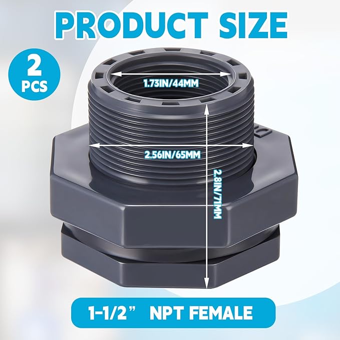 2 Pcs 1-1/2 Inch Bulkhead Fitting PVC Water Tank Connector Plumbing Pipe Threaded Bulkhead Fitting NPT for Rain Barrels, Water Tanks, Aquariums, Tubs, Pools