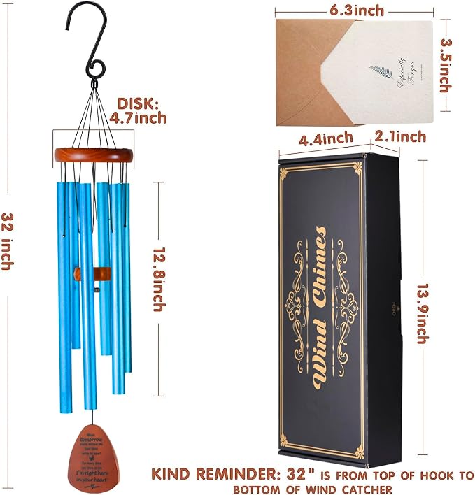 Memorial Wind Chimes for Loss of Loved One – Sympathy Wind Chimes for Dad, Mom, Baby, Brother, or Friend – Outdoor Bereavement Gift, Blue (Teardrop Design)