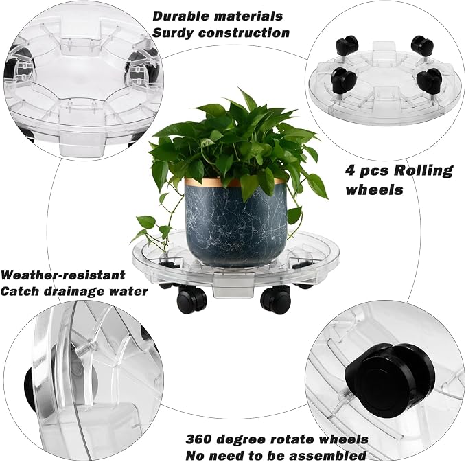 4 Packs 16 Inches Extra-large Clear Plant Caddy Plant Saucers on Wheels Rolling Plant Stands Heavy-duty Plant Dolly Plastic Planter Roller Base Pot Movers Outdoor Plant Tray Coaster