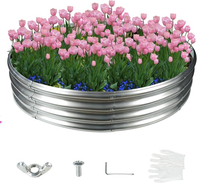 YSEJOMP 5FT Diameter Galvanized Garden Raised Bed/Plant Box/Fire Pit Ring-0.8mm Thick,12 Inch Tall,Crimped Edge and Corner,No Sharpe,Perfect for Plantings (Silver, 60 Dia X 11.5 inches)
