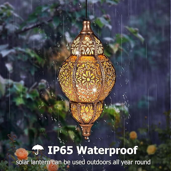 Solar Lantern Outdoor Waterproof, Hanging Garden Decor, Metal Moroccan Decorative Lights for Yard, Patio, Lawn, Porch, Unique Housewarming Gifts