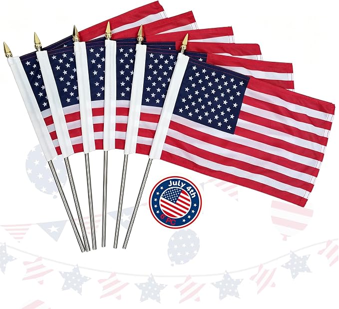 6 Pack Small American Flags on Stick, 8x12 Inch Mini Handheld USA Flags with Stainless Steel Pole, 4th of July US 250th Anniversary Decorations, Memorial Day Outdoor Decor