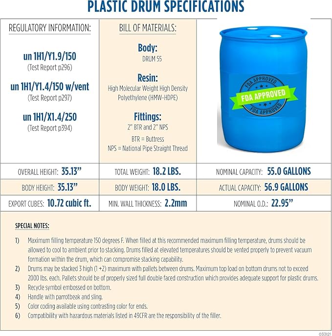 55 Gallons Water Barrel | Solid Mold |2 Inch Bung Holes, Good for Long Term Drinking Water Use | BPA Free. Made in USA (Blue, 55 GALLONS)