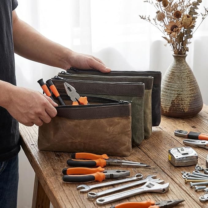 Waxed Canvas Tool Pouches 4 Pack – 11-Inch Heavy-Duty Zipper Tool Bags Set, Waterproof Utility Storage Pouches for Tools, Cables, Gear & Supplies – Rugged Tool Organizer Bags | Heavy Duty Zipper, Waterproof, Utility Organizer, Rugged Storage