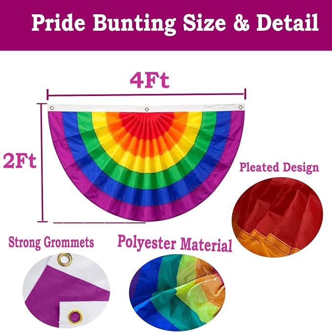 4Pack Progress Pride Bunting Flag 2x4 Ft Pleated Half Fan Flags Gay LGBTQ Pride Month Outdoor Decor Rainbow