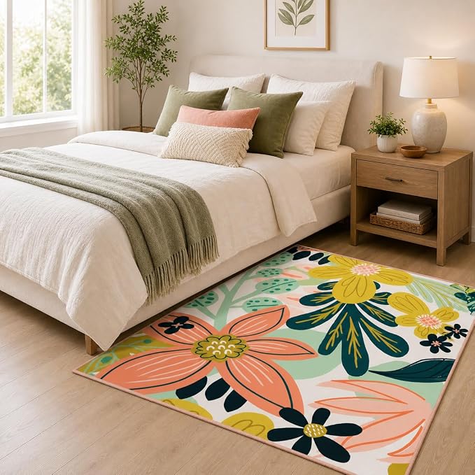 Tyrot Boho Floral 3x5 Washable Area Rug Flat Woven Ultra-Thin Low Pile Rug Non Slip Indoor Tropical Botanical Rug for Living Room, Bedroom, Entryway, Nursery, Dorm, Pink Green
