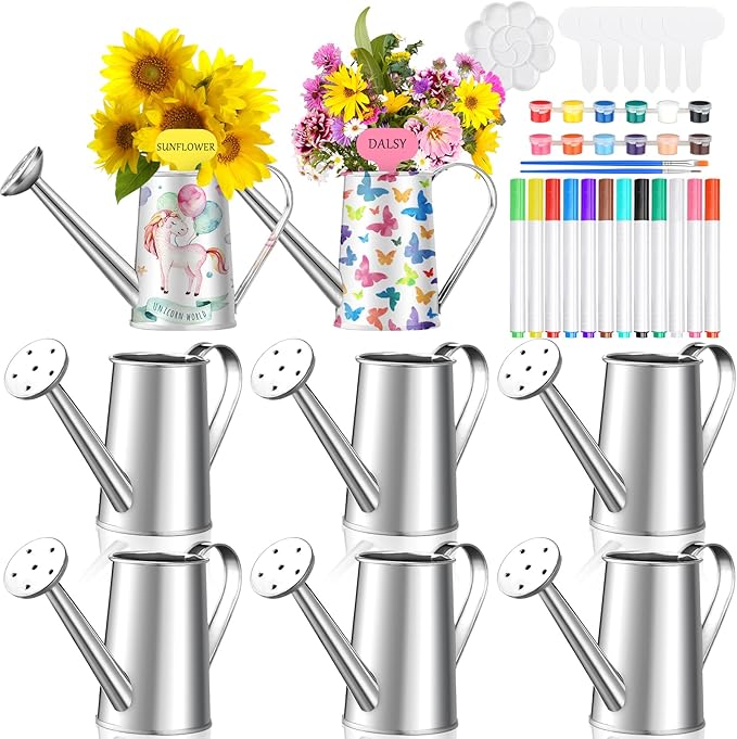 Reallnaive 6 Set Summer Crafts DIY Flower Gardening Kit Metal Succulent Pots Paintable Watering Can Planters Ready to Paint Plant Pot Unpainted Flower Pots Bulk for Classroom