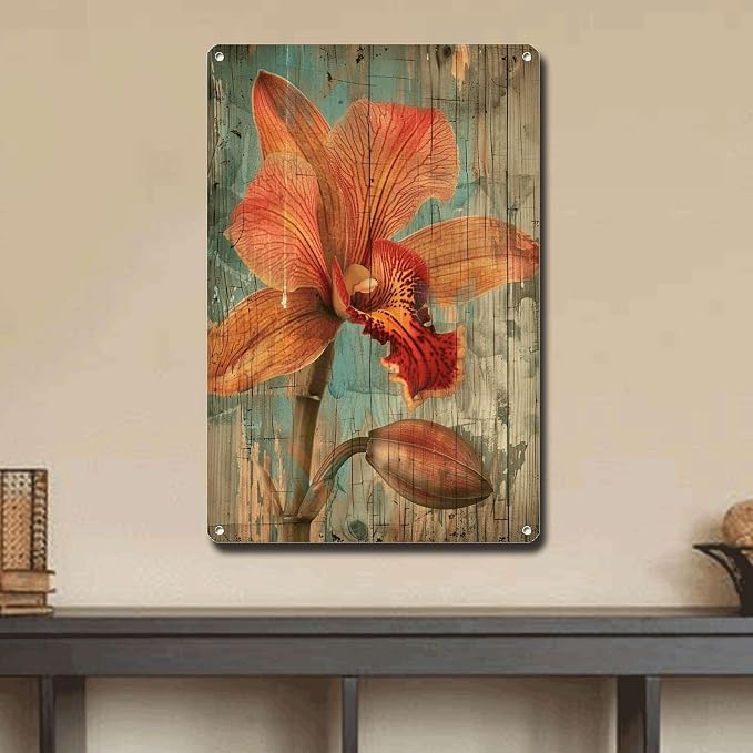 Metal Sign Tin Sign Vintage Wall Art Shabby Chic Orchid Tin Sign for Exotic Flora Art Vintage Wall Displays and Distressed Wood Panels Inspirational Wall Art for Pub 6×8 Inches