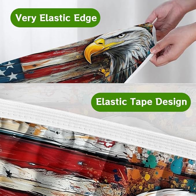 American Flag Picnic Table Cover with Bench Covers and Carrying Bag, Wood Grain USA Flag Art Eagle Outdoor Camping Essentials 6FT 4PCS Fitted Rectangle RV Must Haves Tablecloth