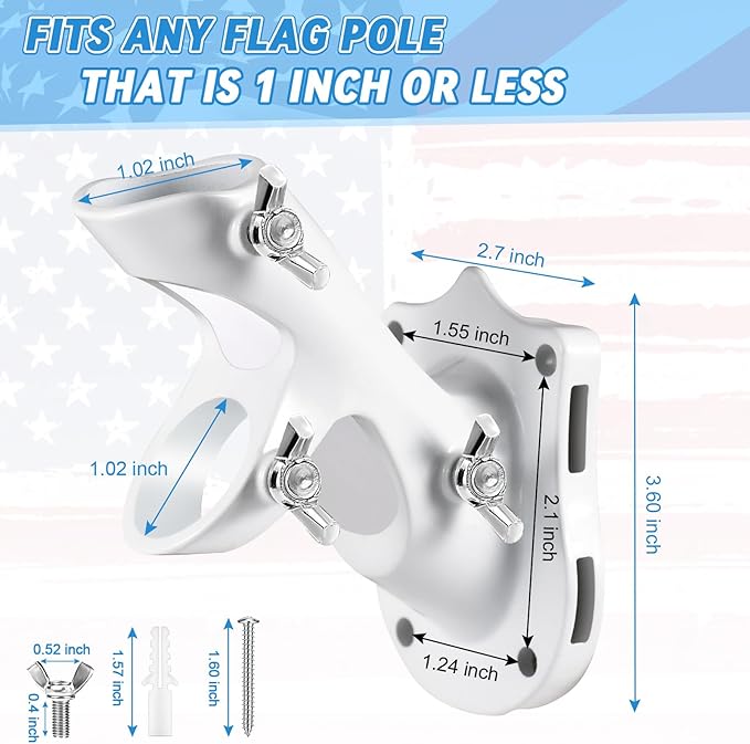 Flag Pole Bracket for House, REERON 2-Positions Metal 1" Flagpole Holder Mounts, Aluminium Rustproof Outside Flag Pole Wall Porch Mounting Brackets with 3 Fixed Holes & Steel Hardwares (White-1 Pack)