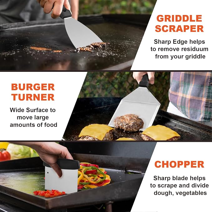8Pcs Griddle Accessories Kit for Blackstone, Joyfair Flattop Grilling Accessory Tool Set with Stainless Steel Burger Spatula Turner, Metal Flipper, for Outdoor BBQ Teppanyaki Hibachi, (PP Handles)