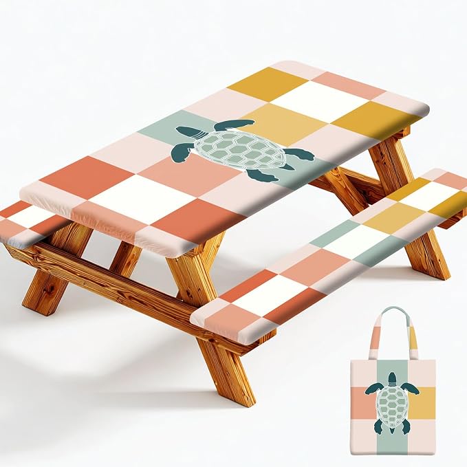 Picnic Table Cover with Bench Covers Elastic Edges, Outdoor Patio Camping Essentials 72 Inch 3PCS, Waterproof Camping Fitted Tablecloth with Handbags (Sea Turtle Checkered Art)