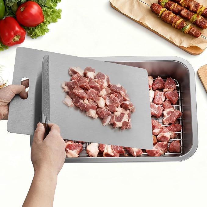 GOLDEN KEY Grilling Prep and Serve Tays,Stainless Steel Grill Carry System,Grill Prep Trays Set of 5,Marinade Container with Lid and Cutting Board,Grilling Gifts for Men