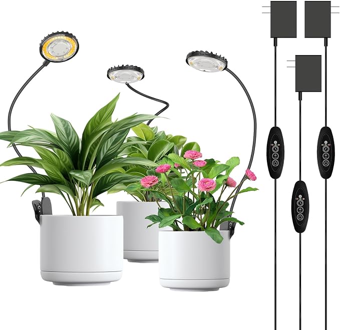 3 Pack 12W Each Black Clip-On Grow Lights for Indoor Plants, Pot Clip Plant Lights with Flexible Gooseneck, 4000K Full Spectrum, 3/6/12H Auto Timer, 4 Dimmable Levels for Plant Rack