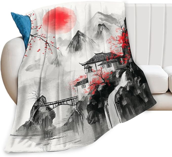 Japanese Throw Blanket Splash Red Cherry Blossom Gifts for Girls Women Men Boys Plush Cozy Flannel Fleece Fuzzy Landscape Blankets 60"X50"