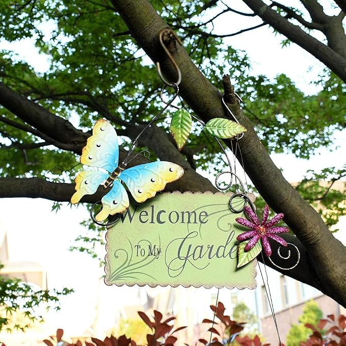 Linfevisi Metal Garden Welcome Sign Decor Rustic Hanging Plaque Decorative Garden Hanging Sign Welcome to My Garden Door Sign with Butterfly Daisy Outdoor Front Porch Yard 10 Inch (Green)