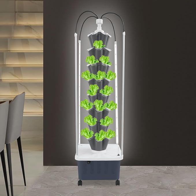 Hydroponic Growing Tower with Grow Lights, 40 Holes Vertical Planter Tower Hydroponics Growing System Kit with Wheels, for Fruits, Vegetables, Herbs and Miniature Greens (White)