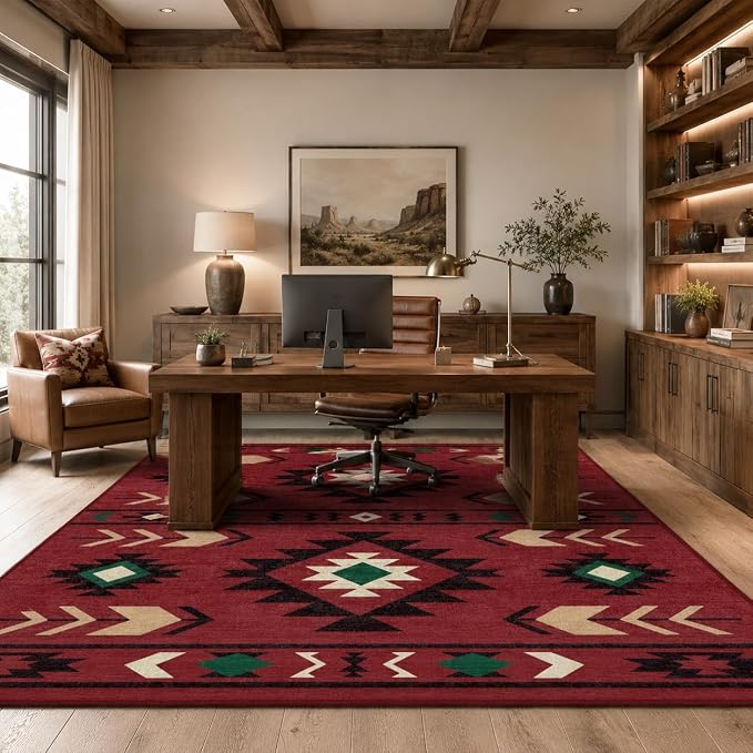 9x12 Area Rug for Living Room Western Rug Southwestern Aztec Tribal Rugs Southwest Navajo Machine Washable Non-Slip Printed Low-Pile Floor Carpet for Bedroom Dining Room Office, Red