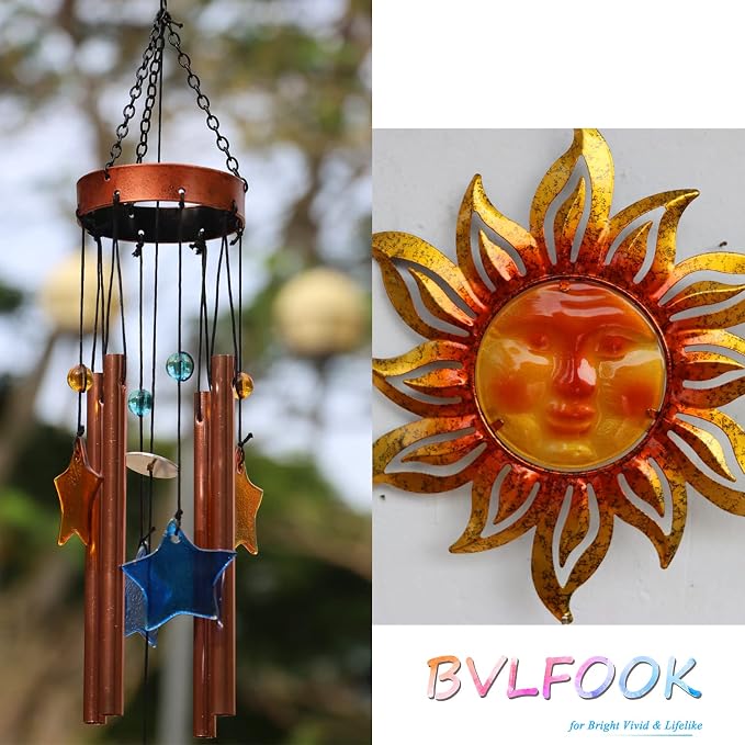 Sun Face Wind Chimes for Outside Decoration, with Star Shape Suncatcher | BVLFOOK; Wind Chimes; Hanging for Porch Patio Balcony Décor; 37 Inch; Aluminium Tubes; indoor & outdoor