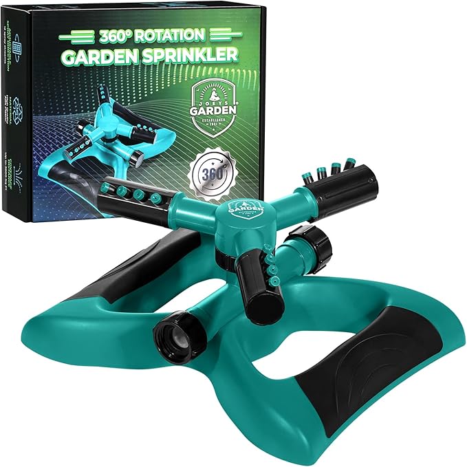 Joeys Sprinkler for Yard, Rotating Garden Sprinkler with 3 Adjustable Arms, Weighted Base, Expandable Connection, Lawn and Yard Sprinklers (Green)