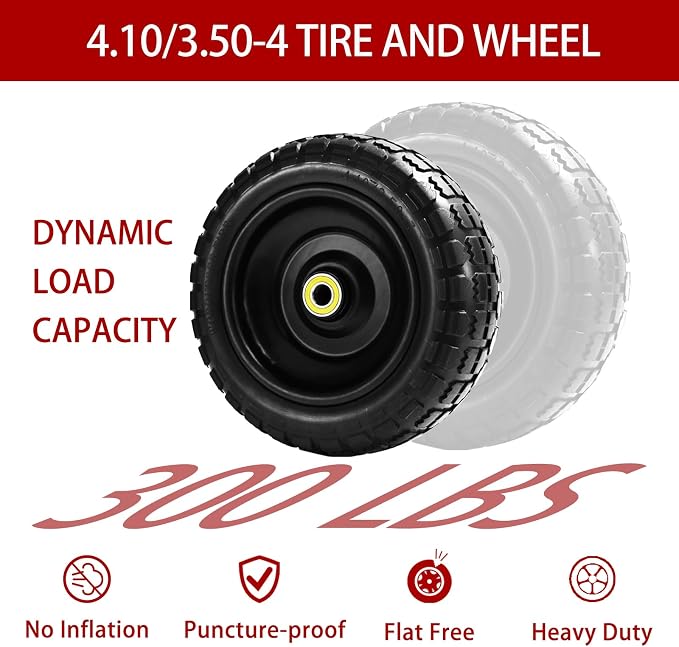 10" Flat Free Tires (4-Pack), 4.10/3.50-4 Solid Rubber Wheels for Gorilla Carts, Garden Wagons, Wheelbarrows & Utility Carts - 5/8" Axle Bore, 2.1" Offset Hub, Heavy Duty No-Flat Replacement