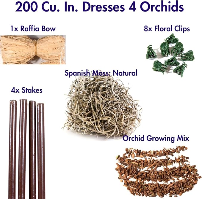 SuperMoss (90450) Orchid Potting Kit, Complete Orchid Care Set with Preserved Moss, Orchid Bark, Floral Clips and Stakes, 200 Cu. in., Spanish Moss, Natural
