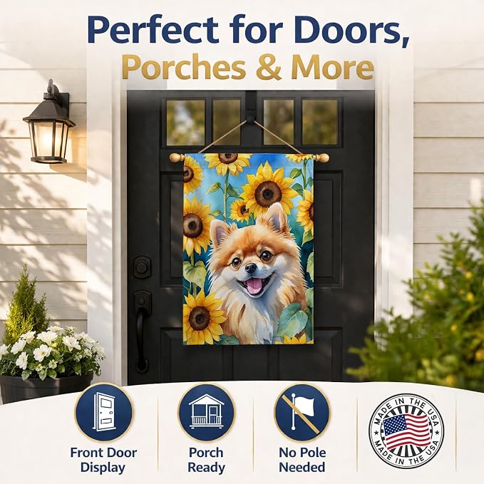 Caroline's Treasures DAC6136CHF Pomeranian in Sunflowers House Flag Large Porch Sleeve Pole Decorative Outside Yard Banner Artwork Wall Hanging, Polyester, House Size, Multicolor
