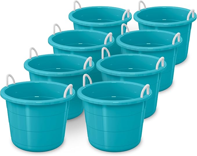 Life Story 8-Pack Storage Bucket, Round Plastic Container with Rope Handles, 17 Gallon, Teal - Large Heavy Duty Utility Tub Buckets for Storing Ice, Beverage, Party Drinks, and Laundry
