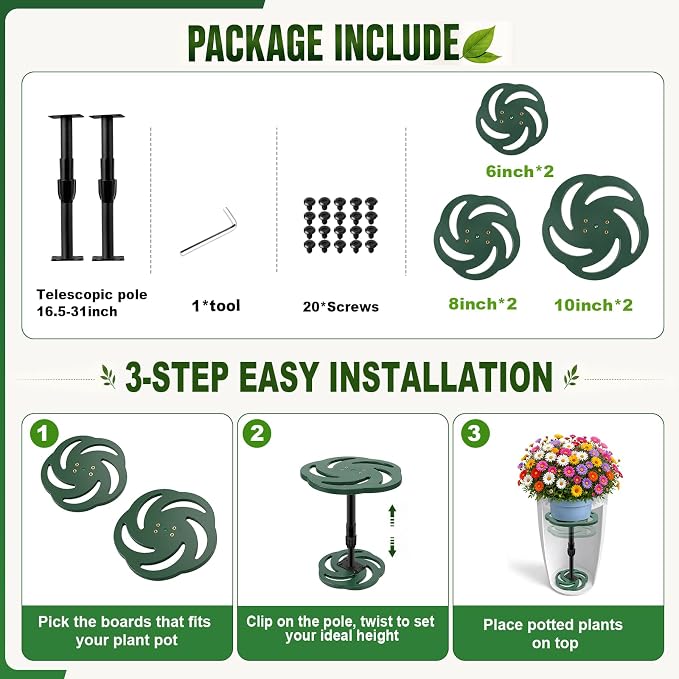 KJX 2 Pack Adjustable Height Plant Risers for Inside Pots, 17.5-32" Planter Inserts for Large Tall Taper Planters, Plastic Pot Fillers for Indoor/Outdoor Planters(6" 8" 10" Base or Top)