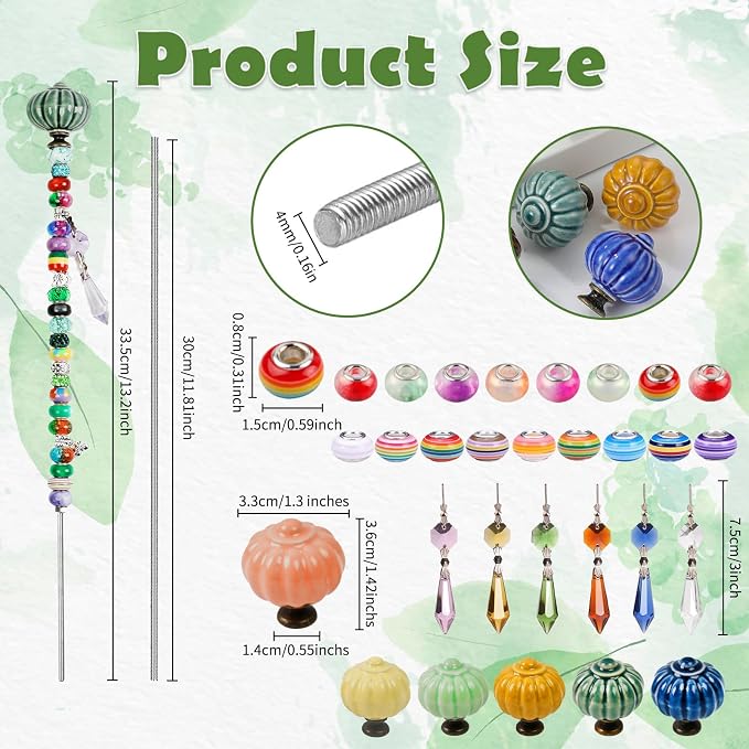182Pcs Lantern Fairy Garden Stakes Kit, DIY Beaded Wand for Patio | 182pcs Set, 12" Rods, Ceramic Lantern Tops, Silver Charms & Crystal Drops, Ideal for Pots, Planters, Patio, Garden Gift
