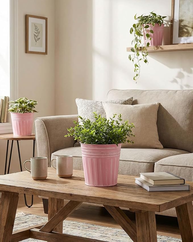 vensovo 6 Inch Pink Metal Rustic Flower Pots - 6Pcs Medium Galvanized Planters with Drainage Hole and Rubber Plug, Rustproof Metal Bucket Plant Pots Farmhouse Vintage Style for Decor