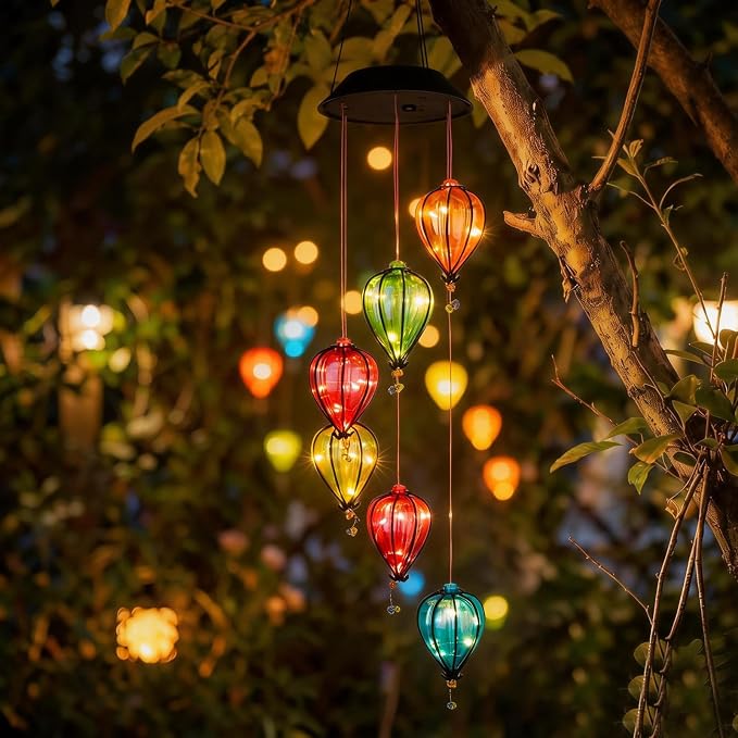 Solar Wind Chimes for Outside, Hot Air Balloon Solar Lights Outdoor Colorful Hanging Decor with 30 Warm White LEDs, Auto On/Off Light Sensing Waterproof Garden Gifts for Mom Grandma Women