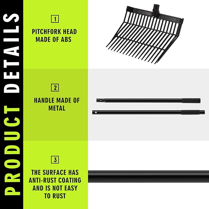 Lasnten 3 Sets Manure Fork with Long Handle, ABS Plastic Head & Metal Handle, Pitch Fork Manure Rake Heavy Duty Muck Rake for Gardening Horse Stable Grass Hay Cleaning Farm Work (Black, Normal Grip)