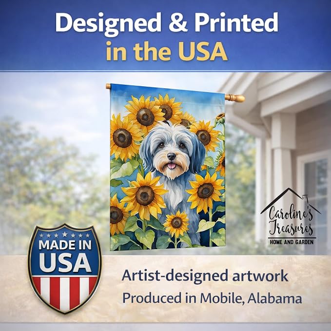 Caroline's Treasures DAC6168CHF Tibetan Terrier in Sunflowers House Flag Large Porch Sleeve Pole Decorative Outside Yard Banner Artwork Wall Hanging, Polyester, House Size, Multicolor