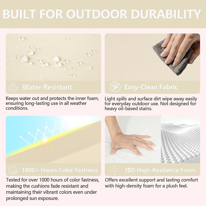 Goodgoods 22 x 24 Outdoor Patio Deep Seat Cushions 2-Pack, Fade-Resistant & Water-Resistant Furniture Chair Cushions with 35D High-Resilience Foam for Sofa, Beige