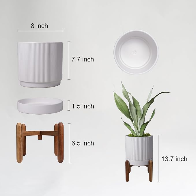 HERDUK 8 Inch Ceramic Planter with Natural Wood Stand w/Drainage & Saucer - Modern Indoor Planter for Cacti, Snake Plants & Aloe Vera