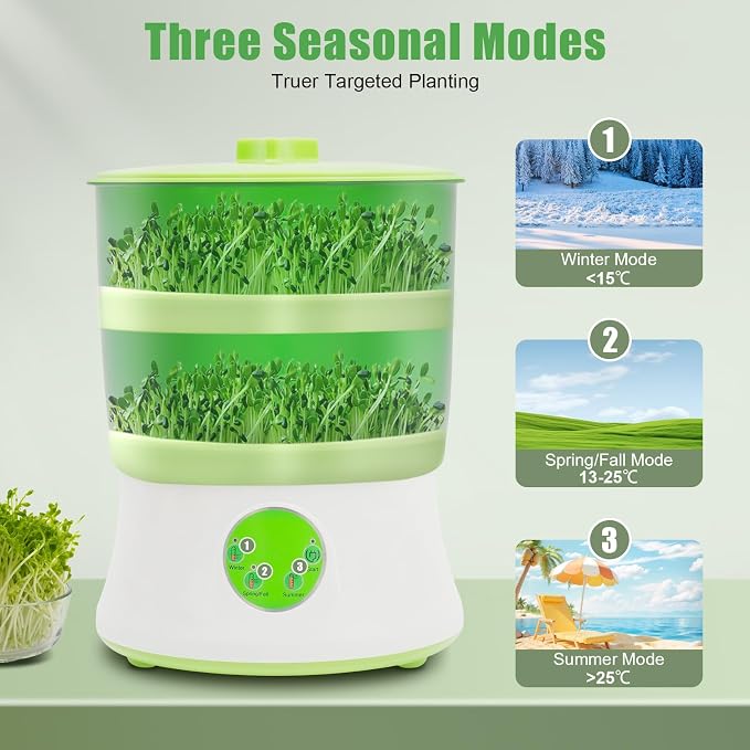 Bean Sprouts Grow Kit Sprouts Growing Kit 2-Layer 110V Smart Sprouter with 360°Sprinkler and 3 Seasonal Modes, Indoor Bean Sprout Maker for Soybean, Mung Bean, Radish, and Wheatgrass