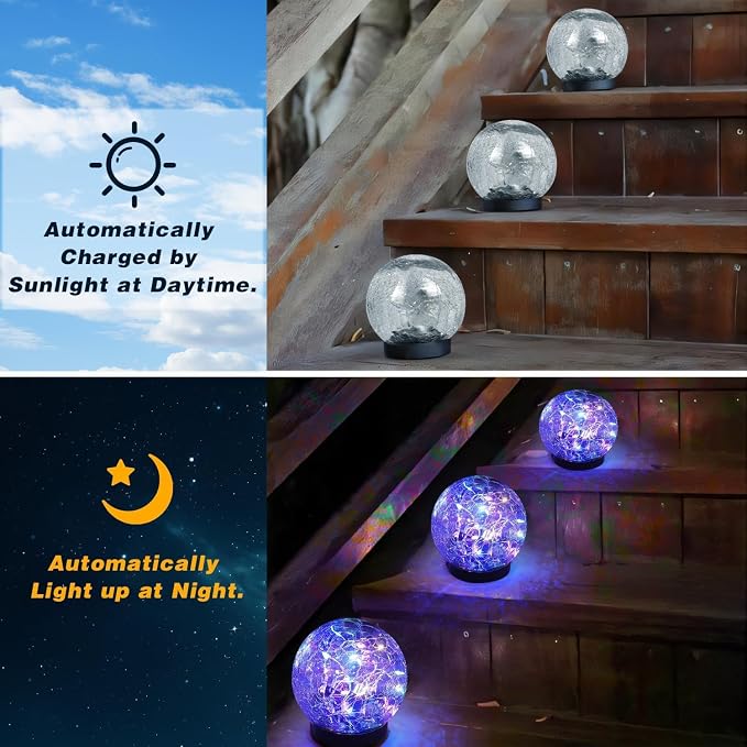 SyouHome Solar Garden Lights Outdoor Waterproof, 4 Pack LEDs Cracked Glass Ball Light, Ground Landscape Garden Decor, Solar Globe Decorative for Pathway/Patio/Lawn/Yard (Multicolor)