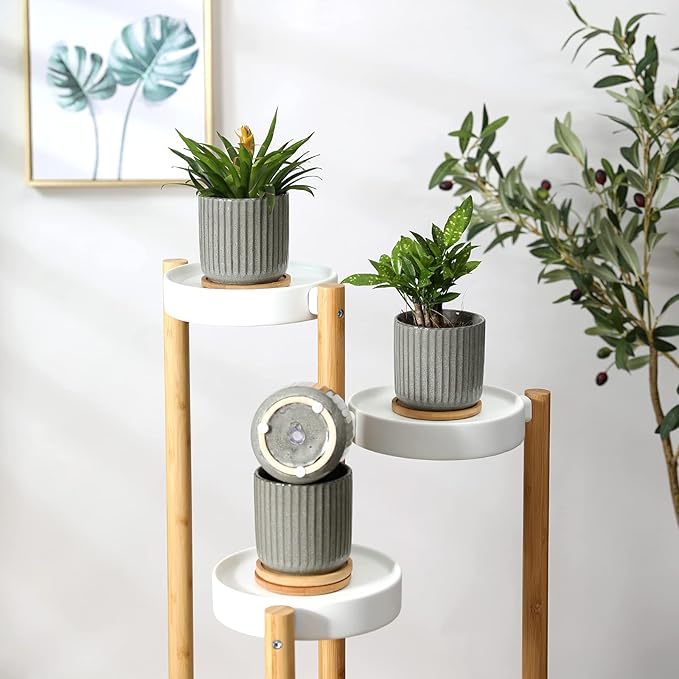 4 Inch Ceramic Plant Pot with Saucer, Creative Stripe Grey-Green Small Planters Pots with Drainage Hole and Mesh Pads for Succulent, Cactus, Herbs - Set of 4 | Stripe Grey-green, Small Planters Pot, for Succulent, Cactus, Herbs, Set of 4