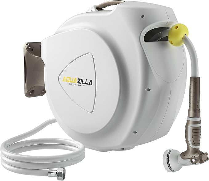 Retractable Garden Hose Reel, 5/8 in 65+6 ft, Heavy Duty Wall Mounted Water Hose Reel, Spring Power Automatic Rewind, Any Length Lock, 180° Swivel Bracket, 10 Pattern Spray Nozzle